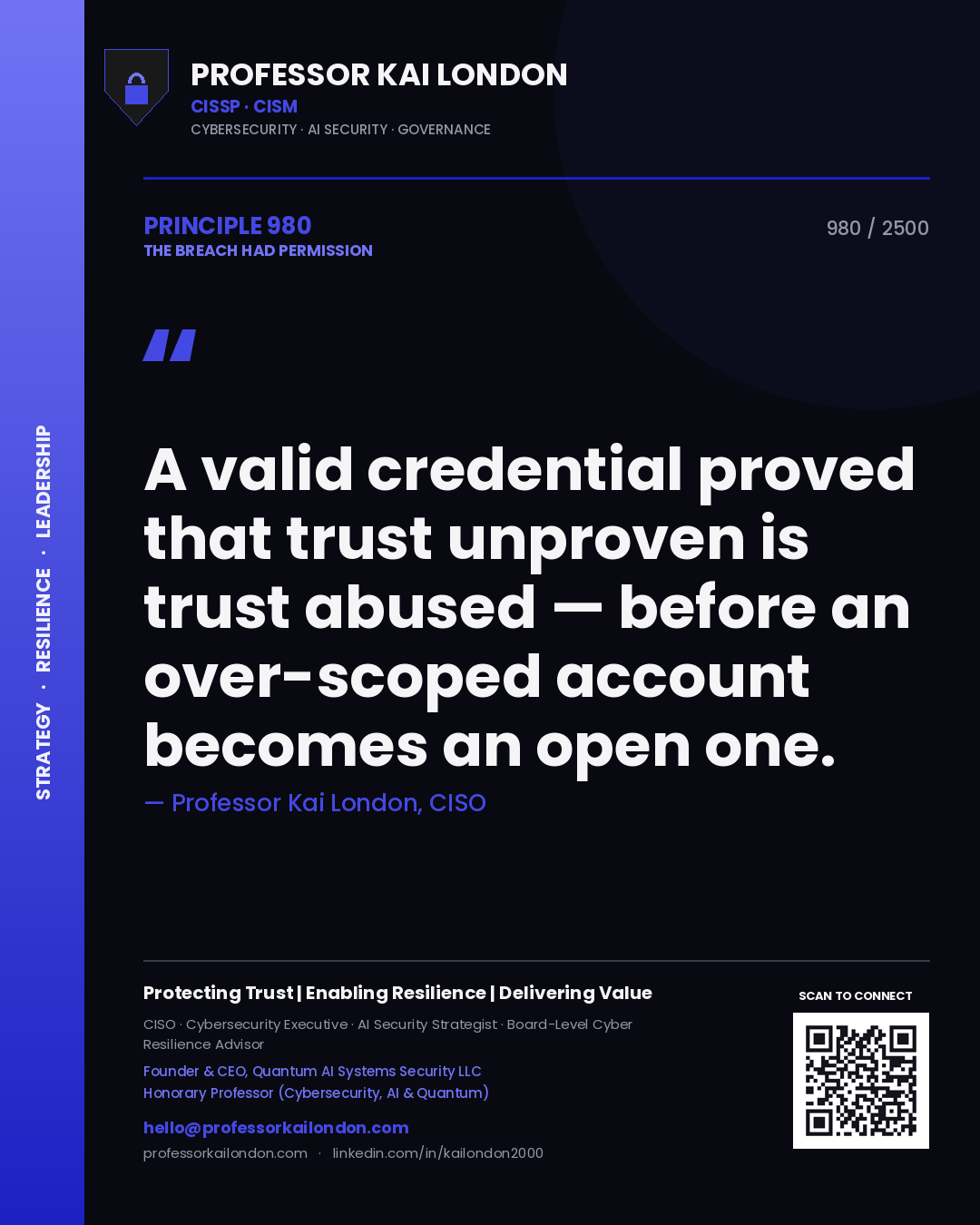 Quote card by Professor Kai London reading 'A valid credential proved that trust unproven is trust abused — before an over-scoped account becomes an open one.'. From the book The Breach Had Permission.
