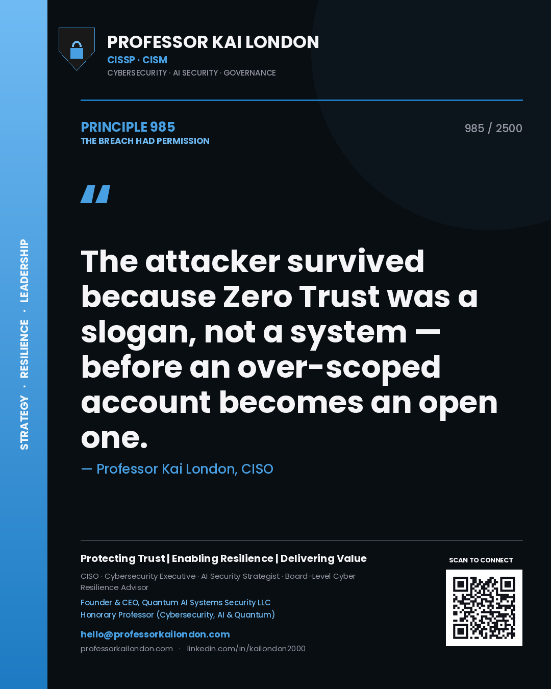Professor Kai London principle 985: The attacker survived because Zero Trust was a slogan, not a system — before an over-scoped account becomes an open one.
