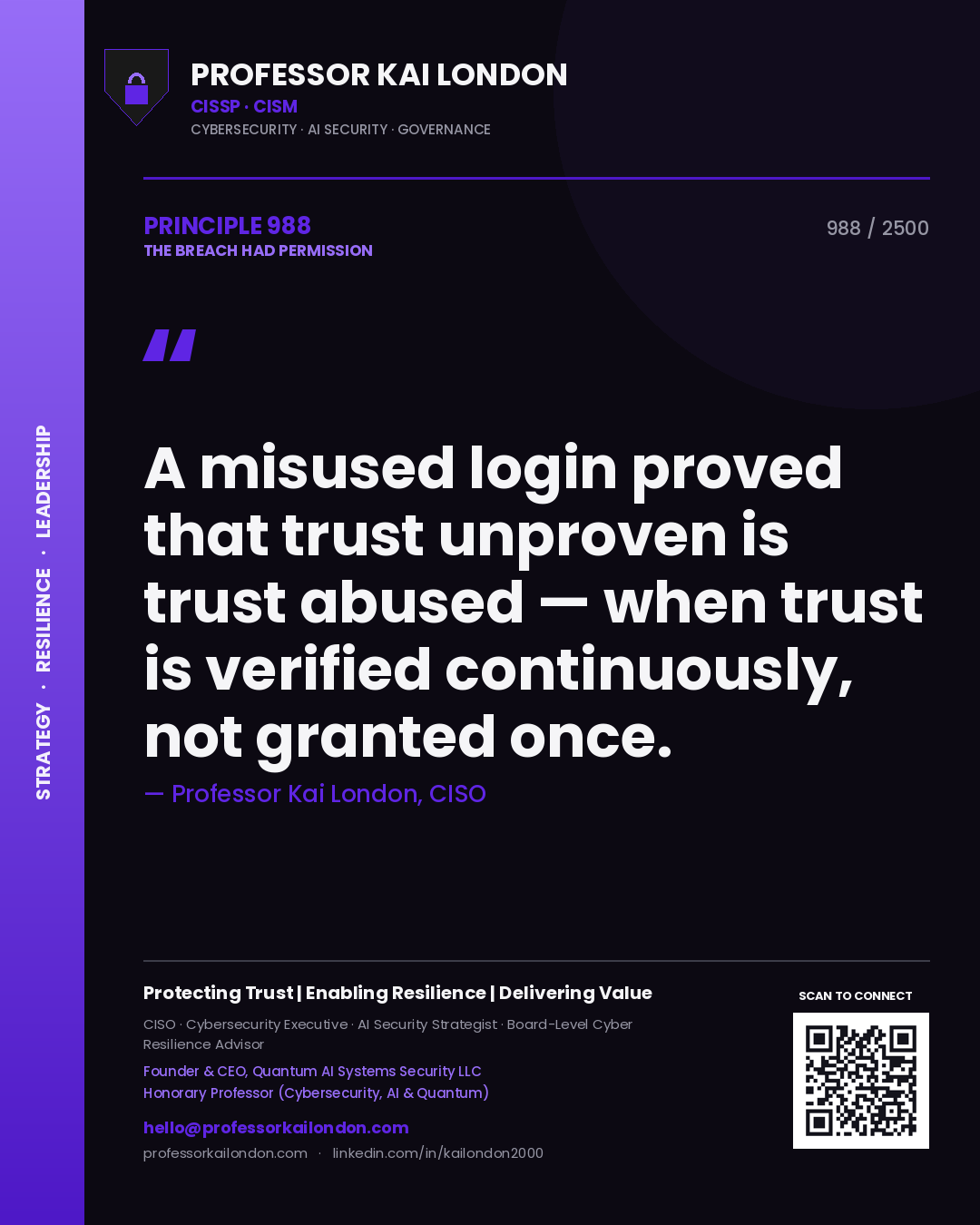 Quote card by Professor Kai London reading 'A misused login proved that trust unproven is trust abused — when trust is verified continuously, not granted once.'. From the book The Breach Had Permission.