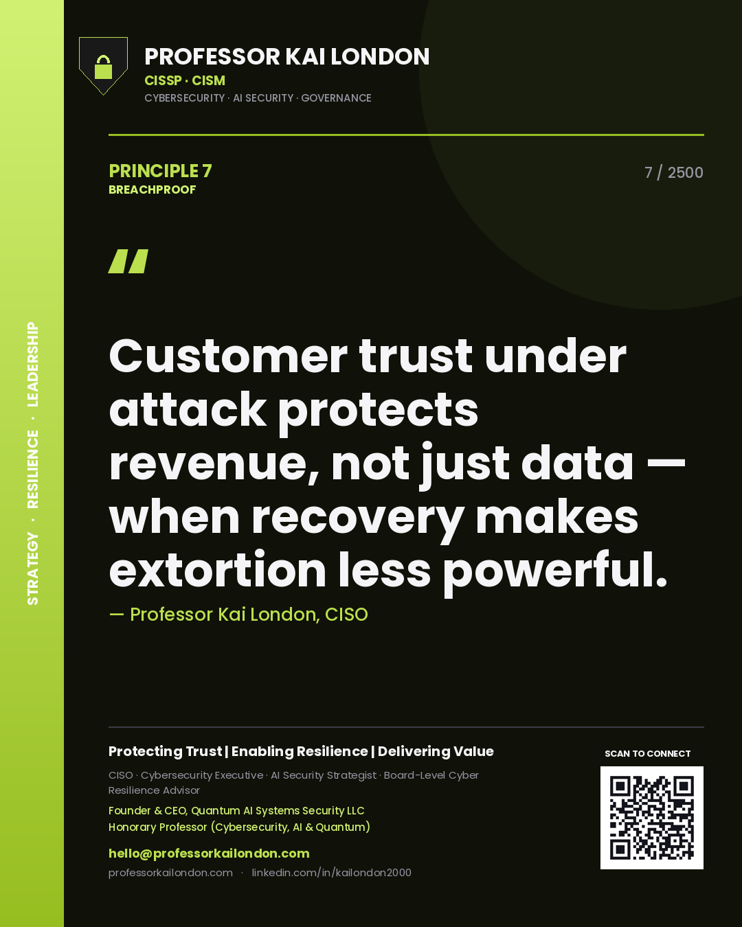 Professor Kai London principle 7: Customer trust under attack protects revenue, not just data — when recovery makes extortion less powerful.