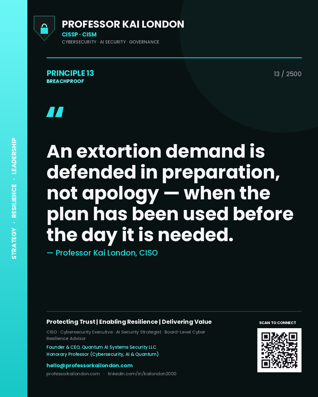 Professor Kai London principle 13: An extortion demand is defended in preparation, not apology — when the plan has been used before the day it is needed.