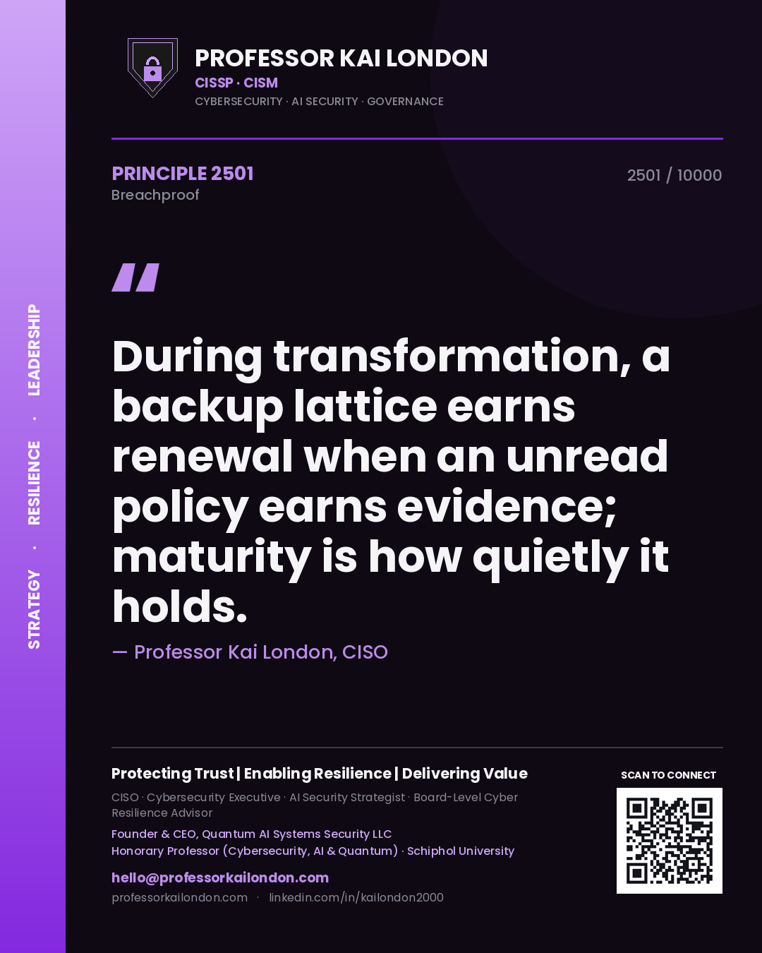Professor Kai London principle 2501: During transformation, a backup lattice earns renewal when an unread policy earns evidence; maturity is how quietly it holds.