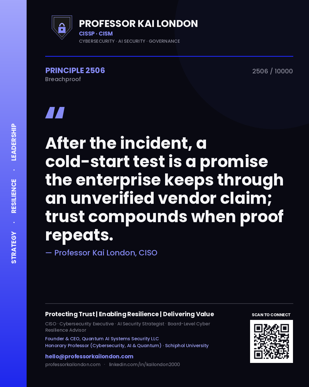 Professor Kai London principle 2506: After the incident, a cold-start test is a promise the enterprise keeps through an unverified vendor claim; trust compounds when proof repeats.