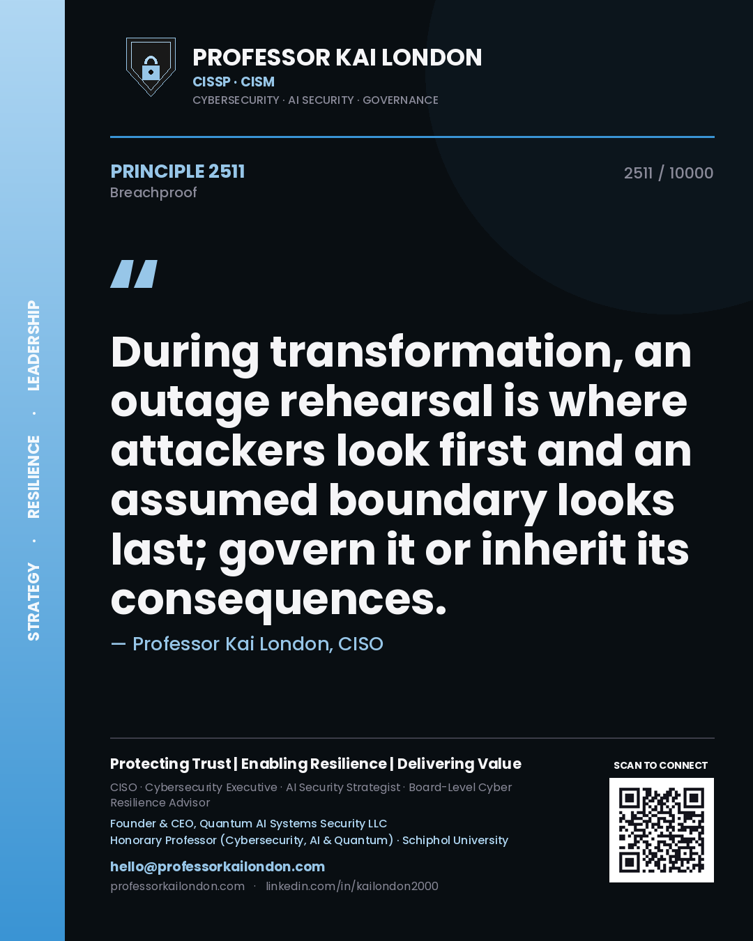 Professor Kai London principle 2511: During transformation, an outage rehearsal is where attackers look first and an assumed boundary looks last; govern it or inherit its consequences.