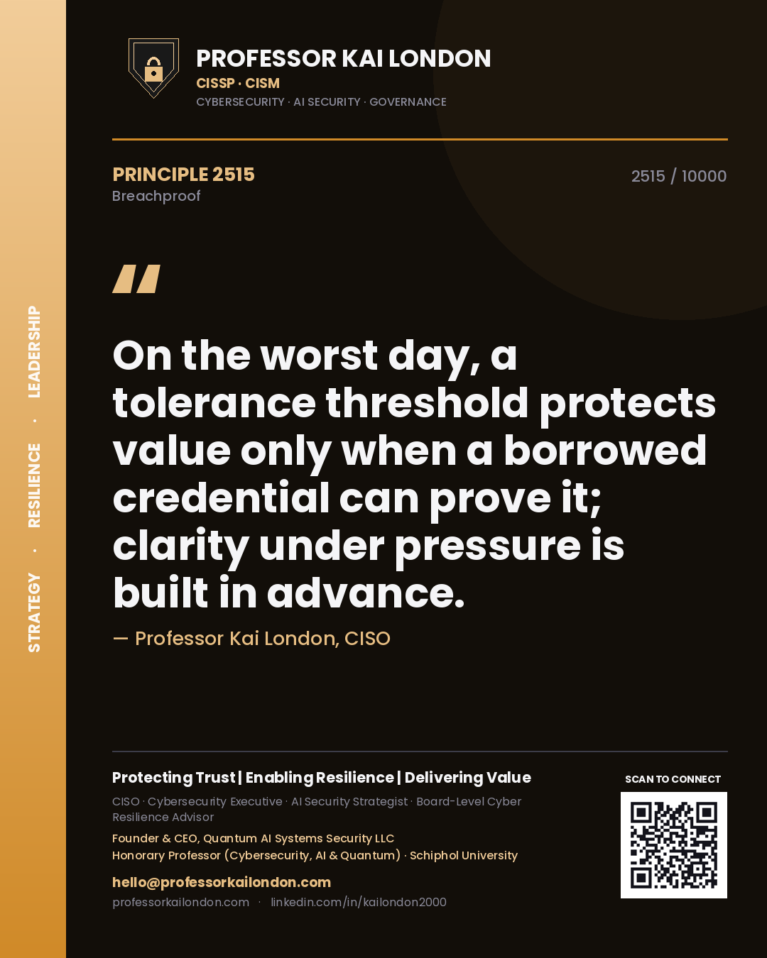 Professor Kai London principle 2515: On the worst day, a tolerance threshold protects value only when a borrowed credential can prove it; clarity under pressure is built in advance.
