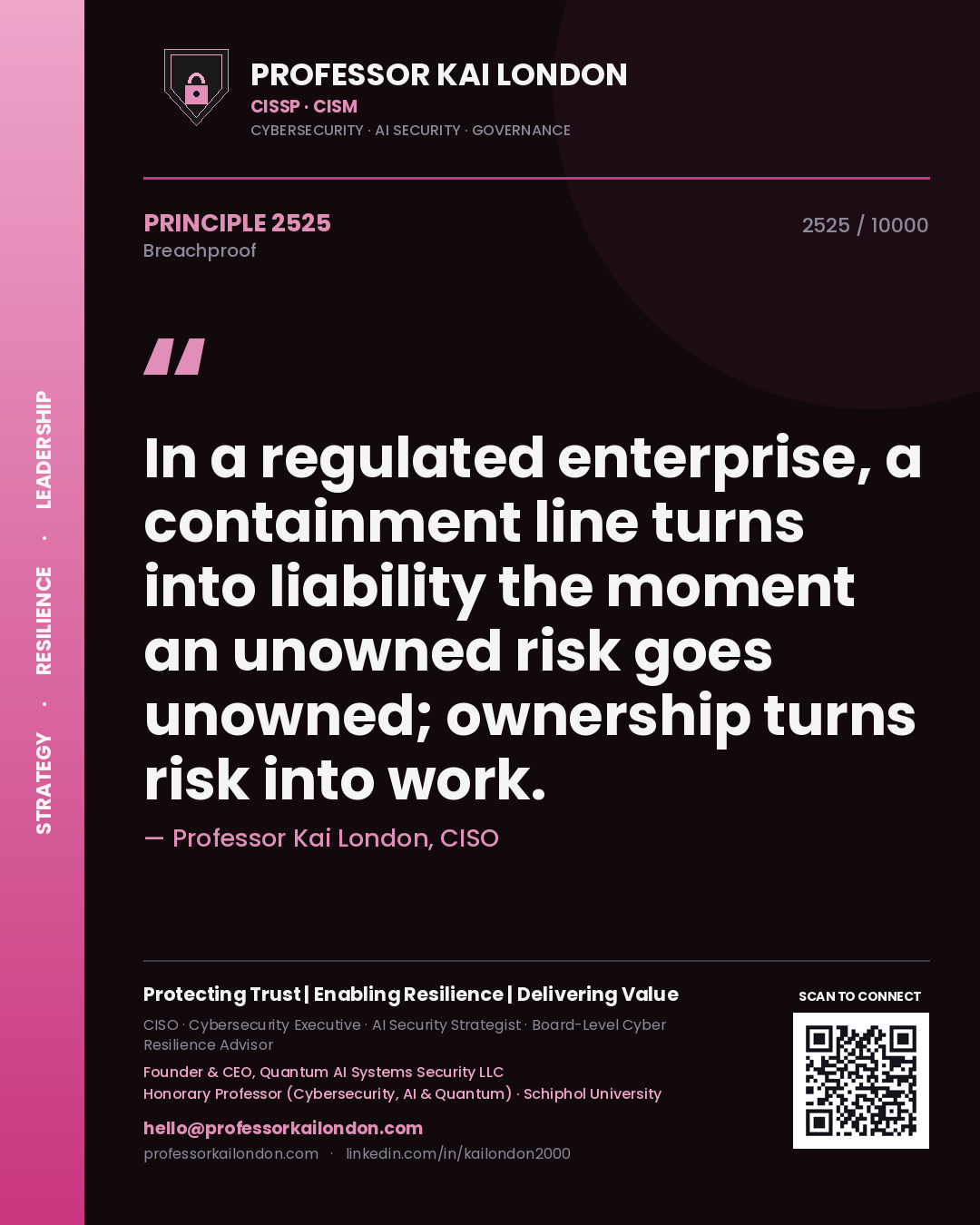 Professor Kai London principle 2525: In a regulated enterprise, a containment line turns into liability the moment an unowned risk goes unowned; ownership turns risk into work.
