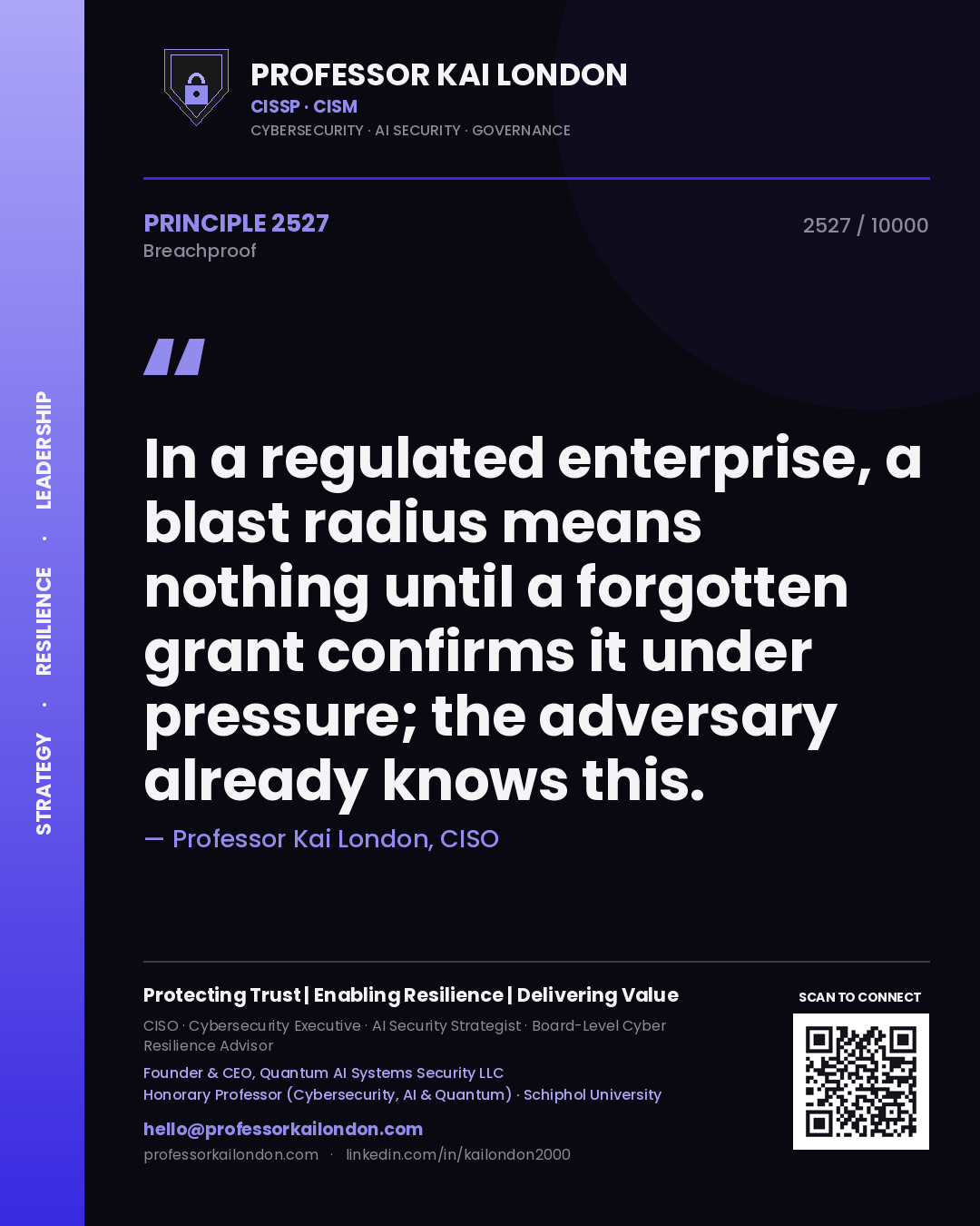 Professor Kai London principle 2527: In a regulated enterprise, a blast radius means nothing until a forgotten grant confirms it under pressure; the adversary already knows this.