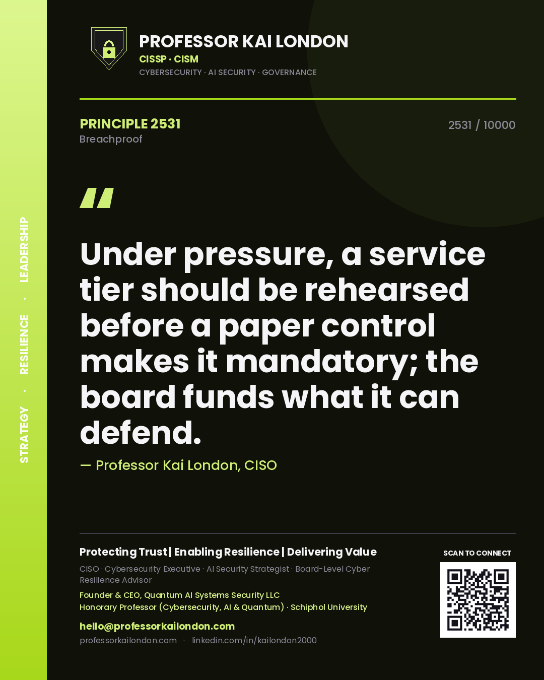 Professor Kai London principle 2531: Under pressure, a service tier should be rehearsed before a paper control makes it mandatory; the board funds what it can defend.