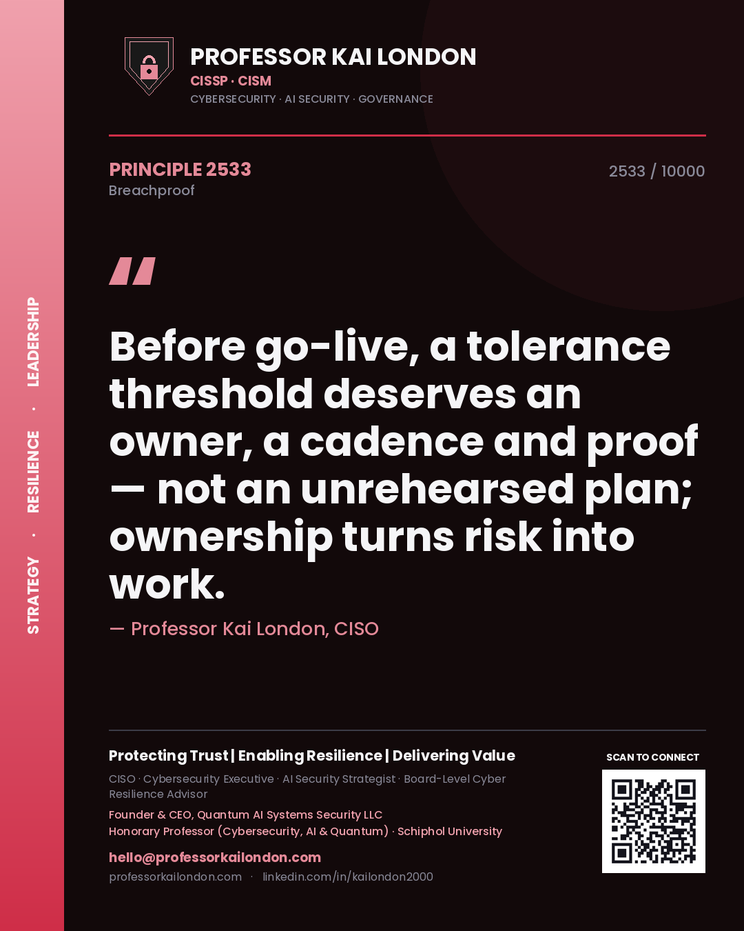Professor Kai London principle 2533: Before go-live, a tolerance threshold deserves an owner, a cadence and proof — not an unrehearsed plan; ownership turns risk into work.