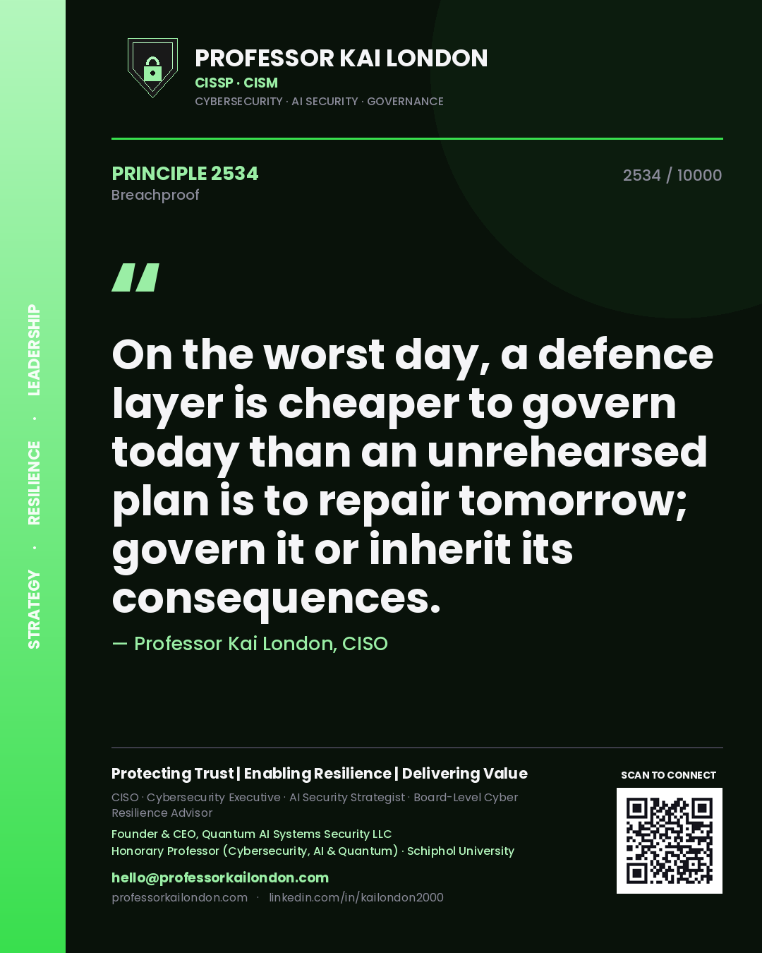 Professor Kai London principle 2534: On the worst day, a defence layer is cheaper to govern today than an unrehearsed plan is to repair tomorrow; govern it or inherit its consequences.