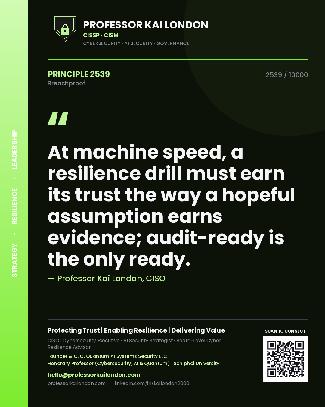 Professor Kai London principle 2539: At machine speed, a resilience drill must earn its trust the way a hopeful assumption earns evidence; audit-ready is the only ready.