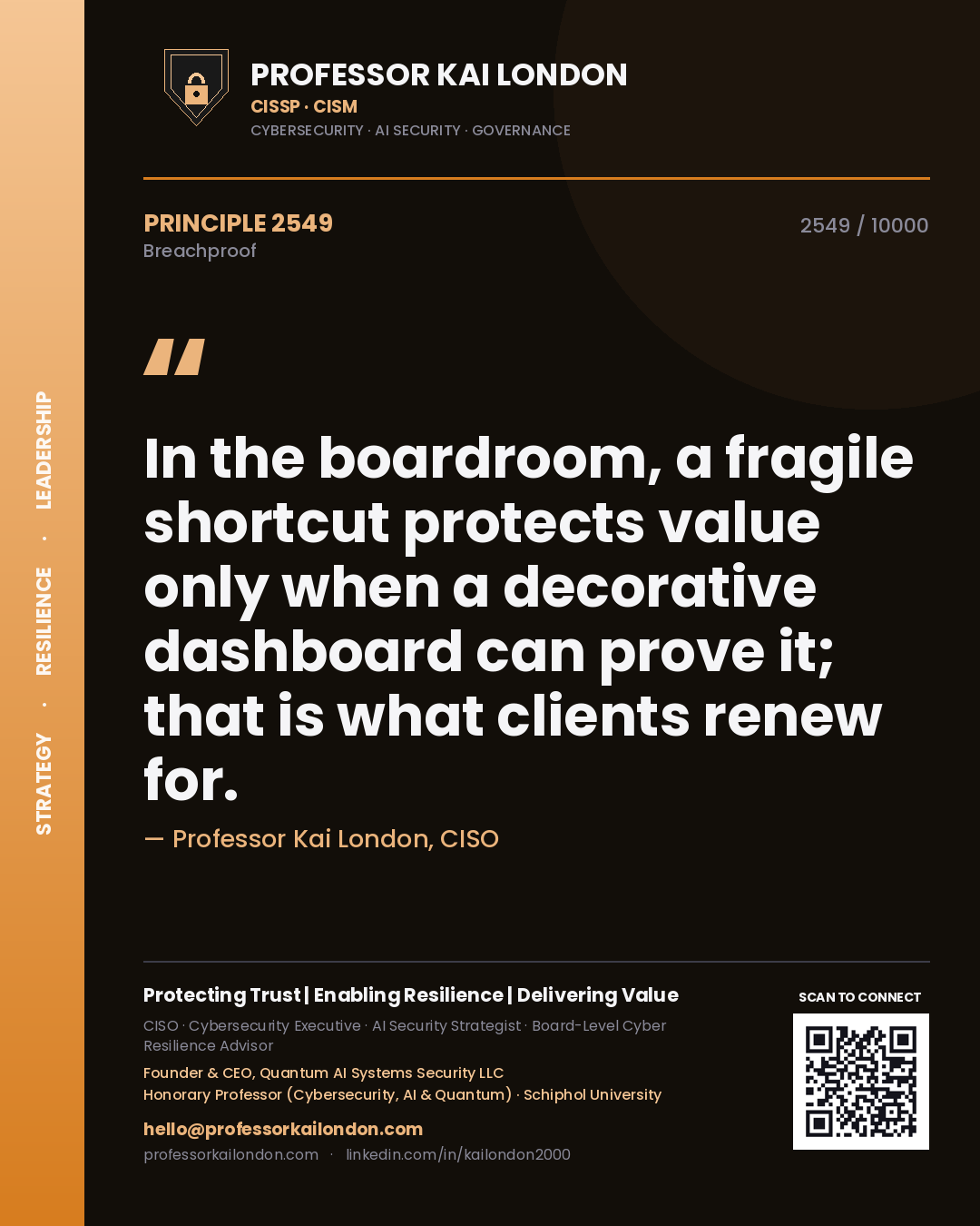 Professor Kai London principle 2549: In the boardroom, a fragile shortcut protects value only when a decorative dashboard can prove it; that is what clients renew for.