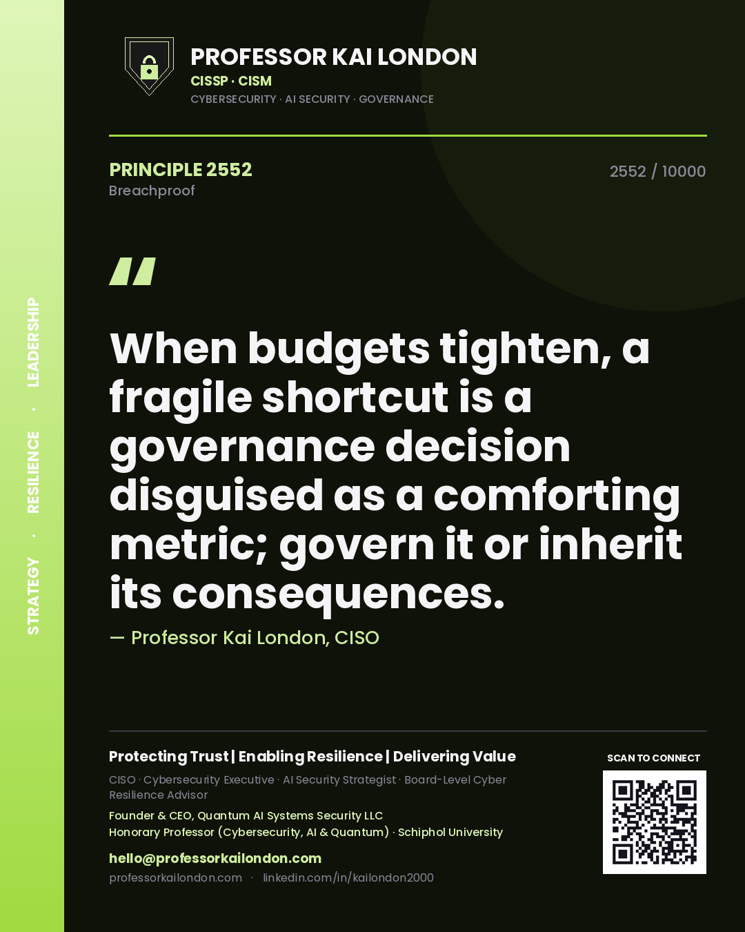 Professor Kai London principle 2552: When budgets tighten, a fragile shortcut is a governance decision disguised as a comforting metric; govern it or inherit its consequences.