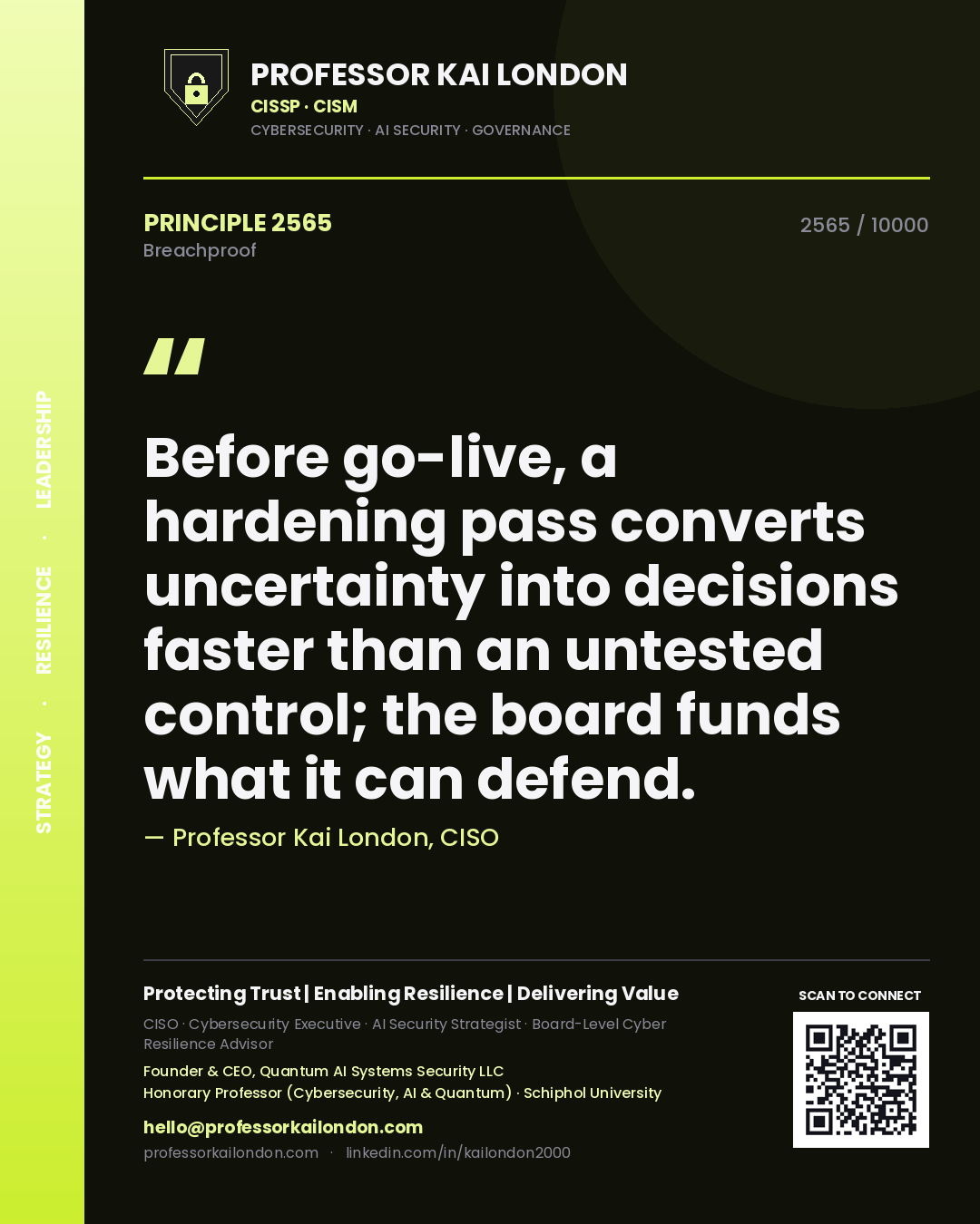 Professor Kai London principle 2565: Before go-live, a hardening pass converts uncertainty into decisions faster than an untested control; the board funds what it can defend.