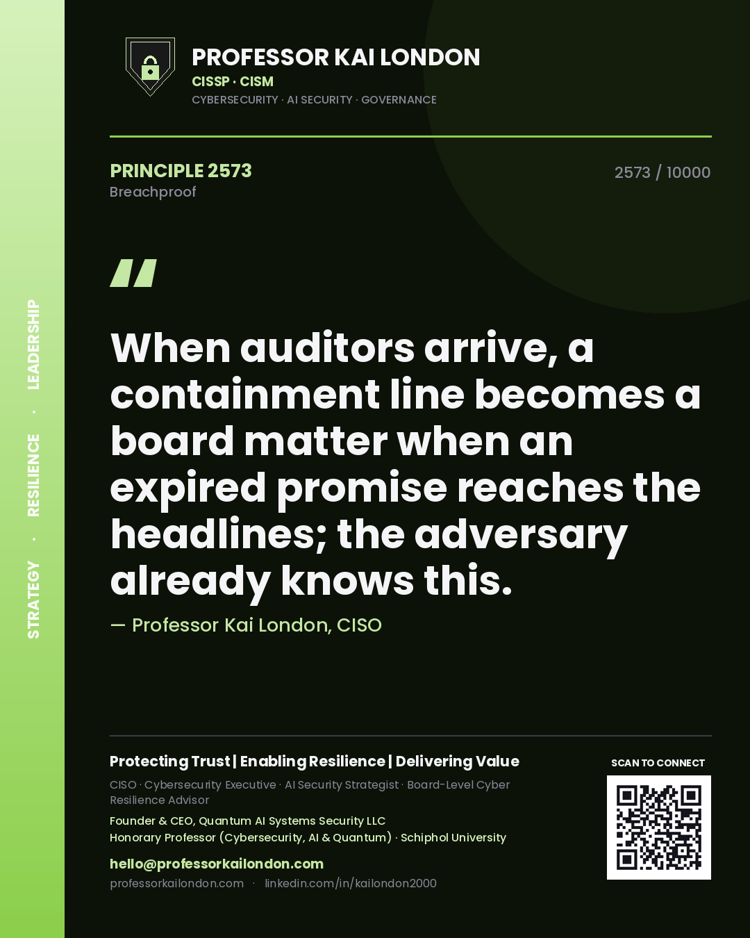 Professor Kai London principle 2573: When auditors arrive, a containment line becomes a board matter when an expired promise reaches the headlines; the adversary already knows this.
