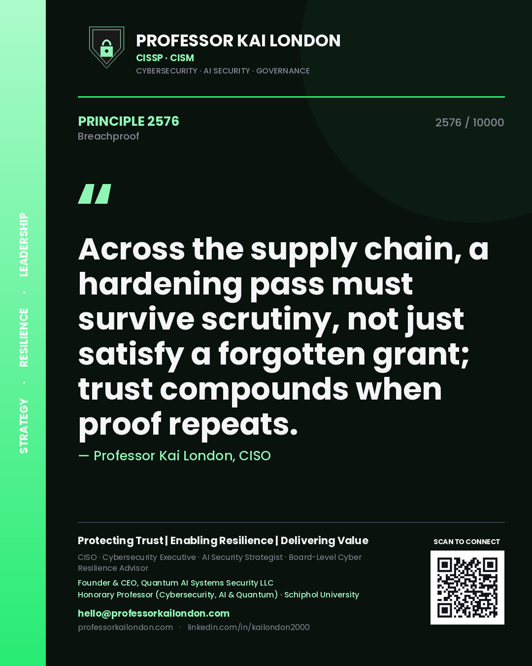 Professor Kai London principle 2576: Across the supply chain, a hardening pass must survive scrutiny, not just satisfy a forgotten grant; trust compounds when proof repeats.