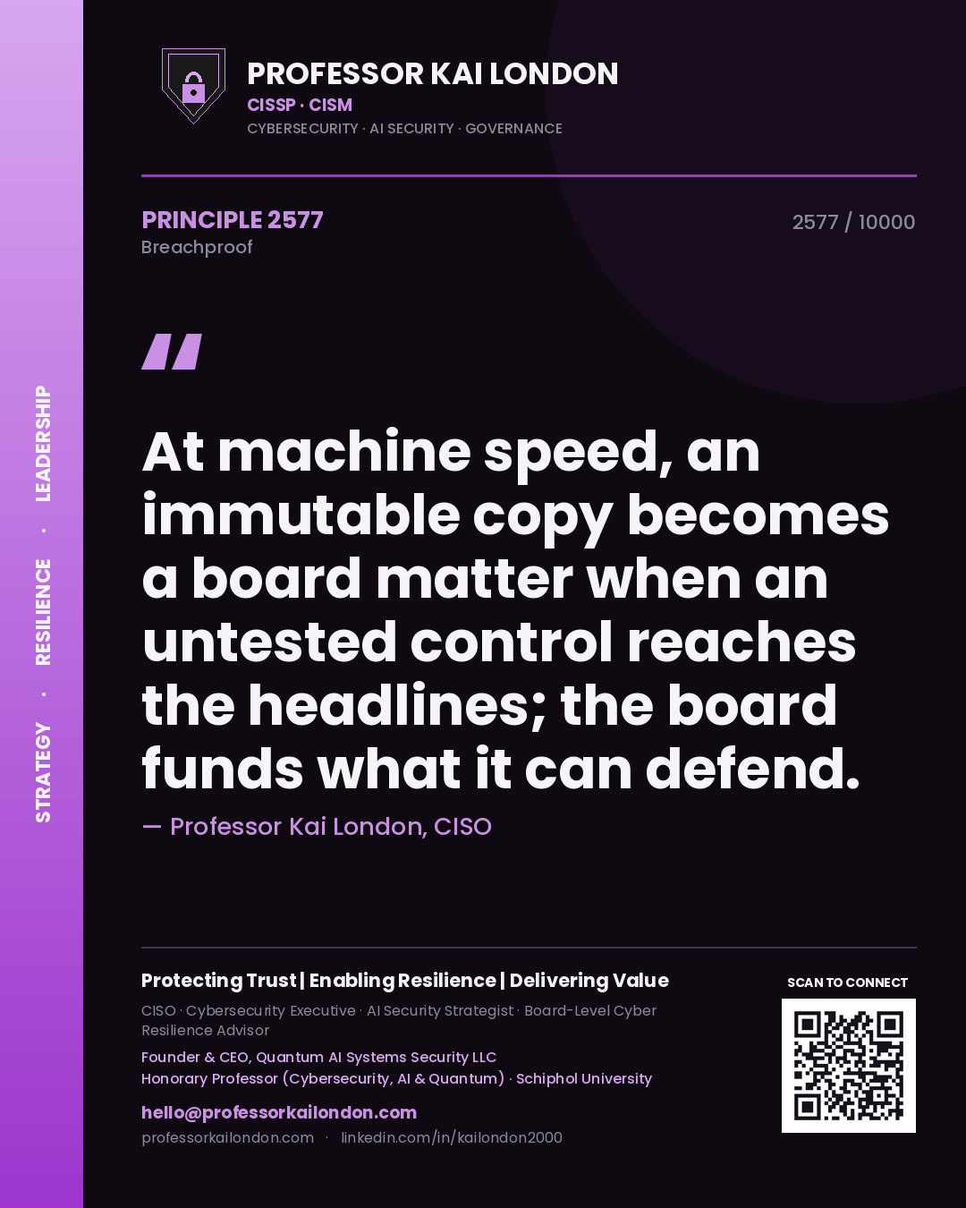 Professor Kai London principle 2577: At machine speed, an immutable copy becomes a board matter when an untested control reaches the headlines; the board funds what it can defend.