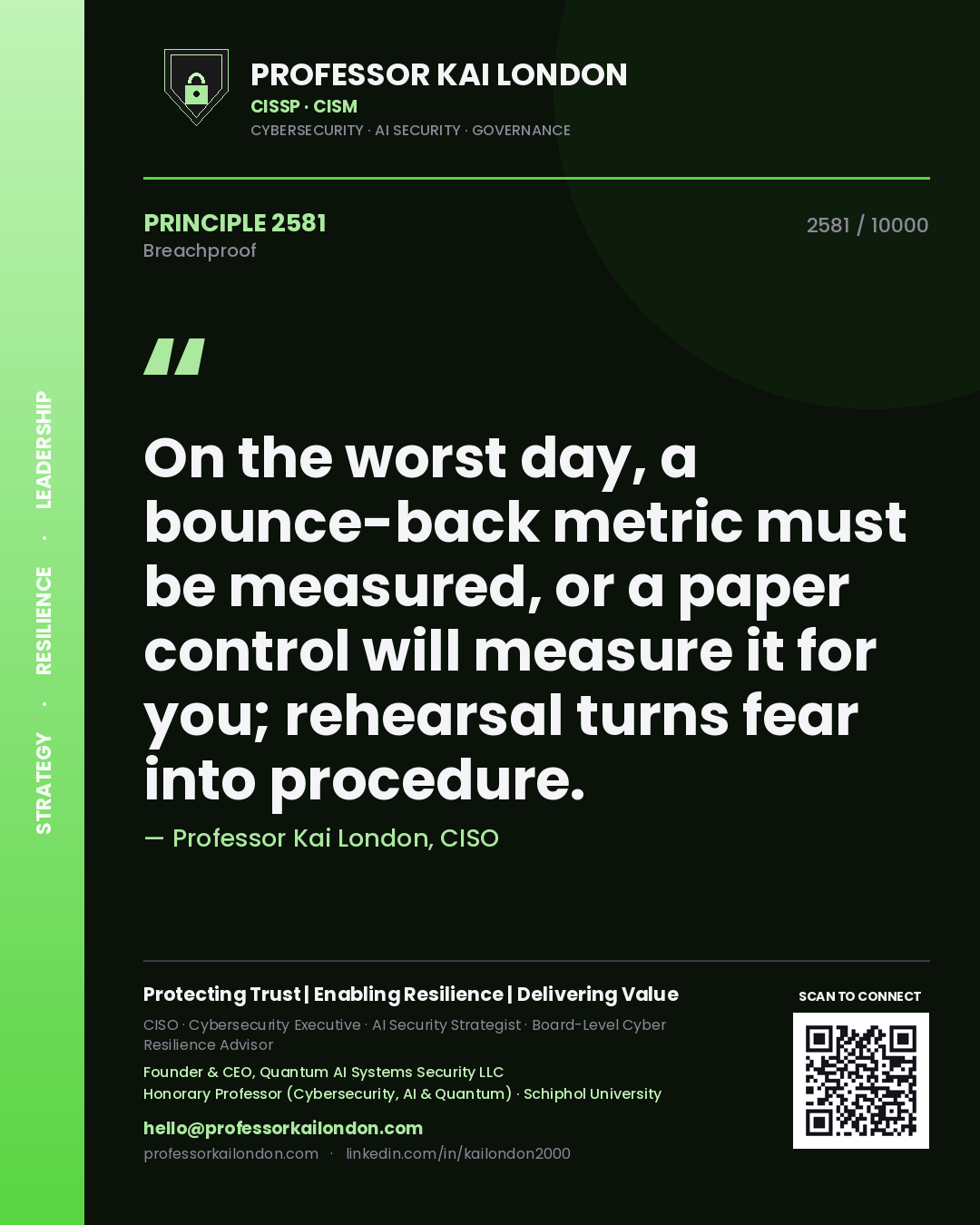 Professor Kai London principle 2581: On the worst day, a bounce-back metric must be measured, or a paper control will measure it for you; rehearsal turns fear into procedure.