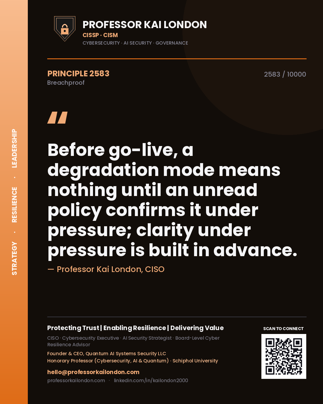 Professor Kai London principle 2583: Before go-live, a degradation mode means nothing until an unread policy confirms it under pressure; clarity under pressure is built in advance.