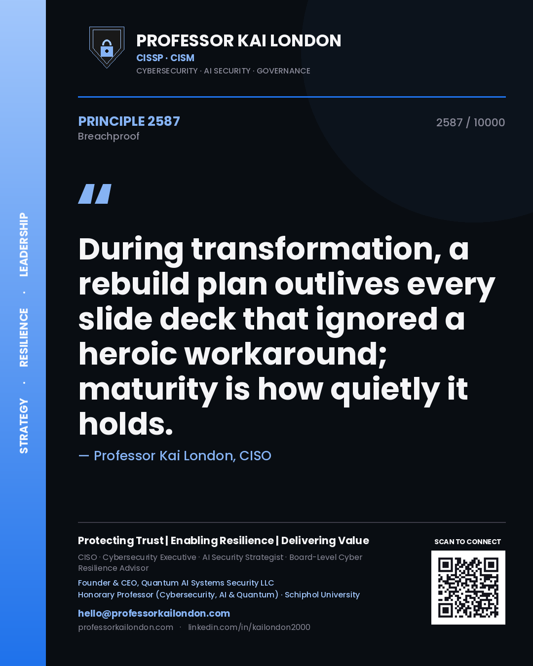 Professor Kai London principle 2587: During transformation, a rebuild plan outlives every slide deck that ignored a heroic workaround; maturity is how quietly it holds.