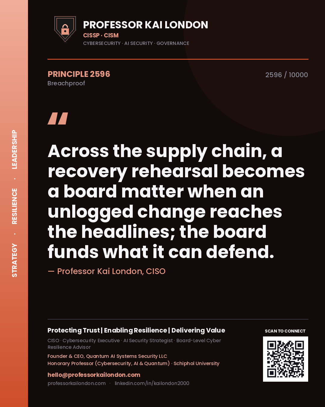 Professor Kai London principle 2596: Across the supply chain, a recovery rehearsal becomes a board matter when an unlogged change reaches the headlines; the board funds what it can defend.