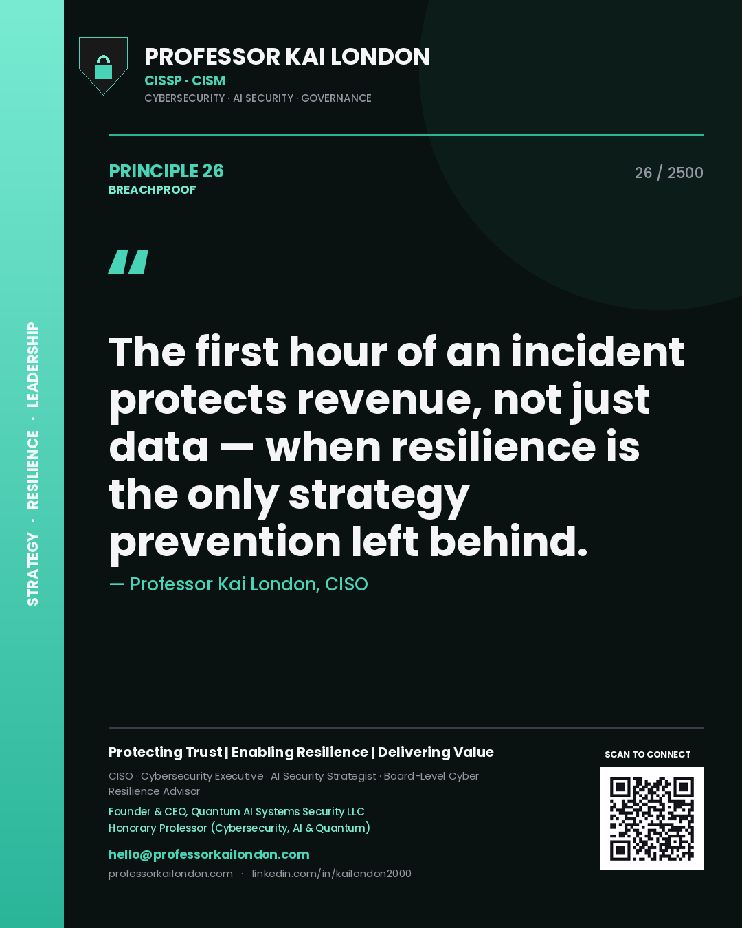 Professor Kai London principle 26: The first hour of an incident protects revenue, not just data — when resilience is the only strategy prevention left behind.