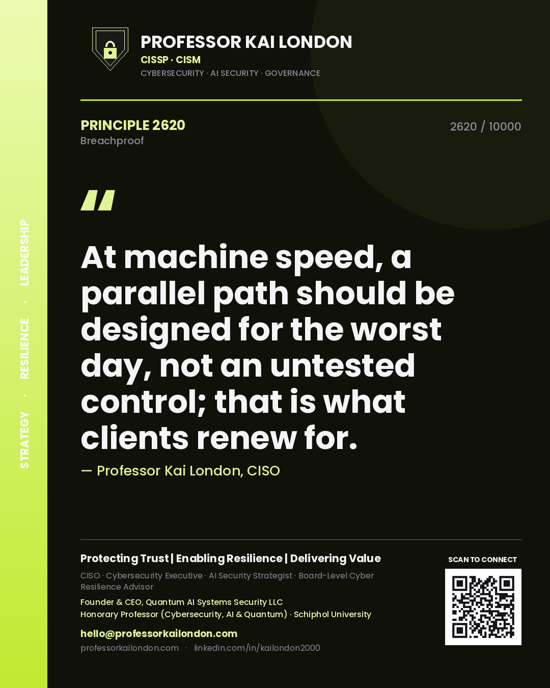 Professor Kai London principle 2620: At machine speed, a parallel path should be designed for the worst day, not an untested control; that is what clients renew for.