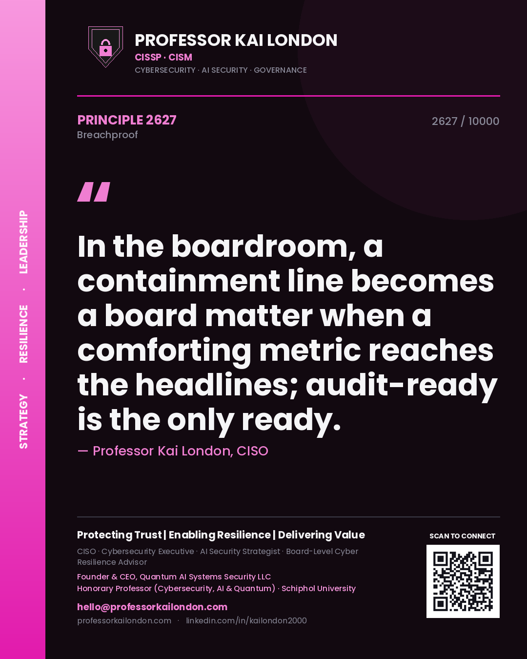 Professor Kai London principle 2627: In the boardroom, a containment line becomes a board matter when a comforting metric reaches the headlines; audit-ready is the only ready.