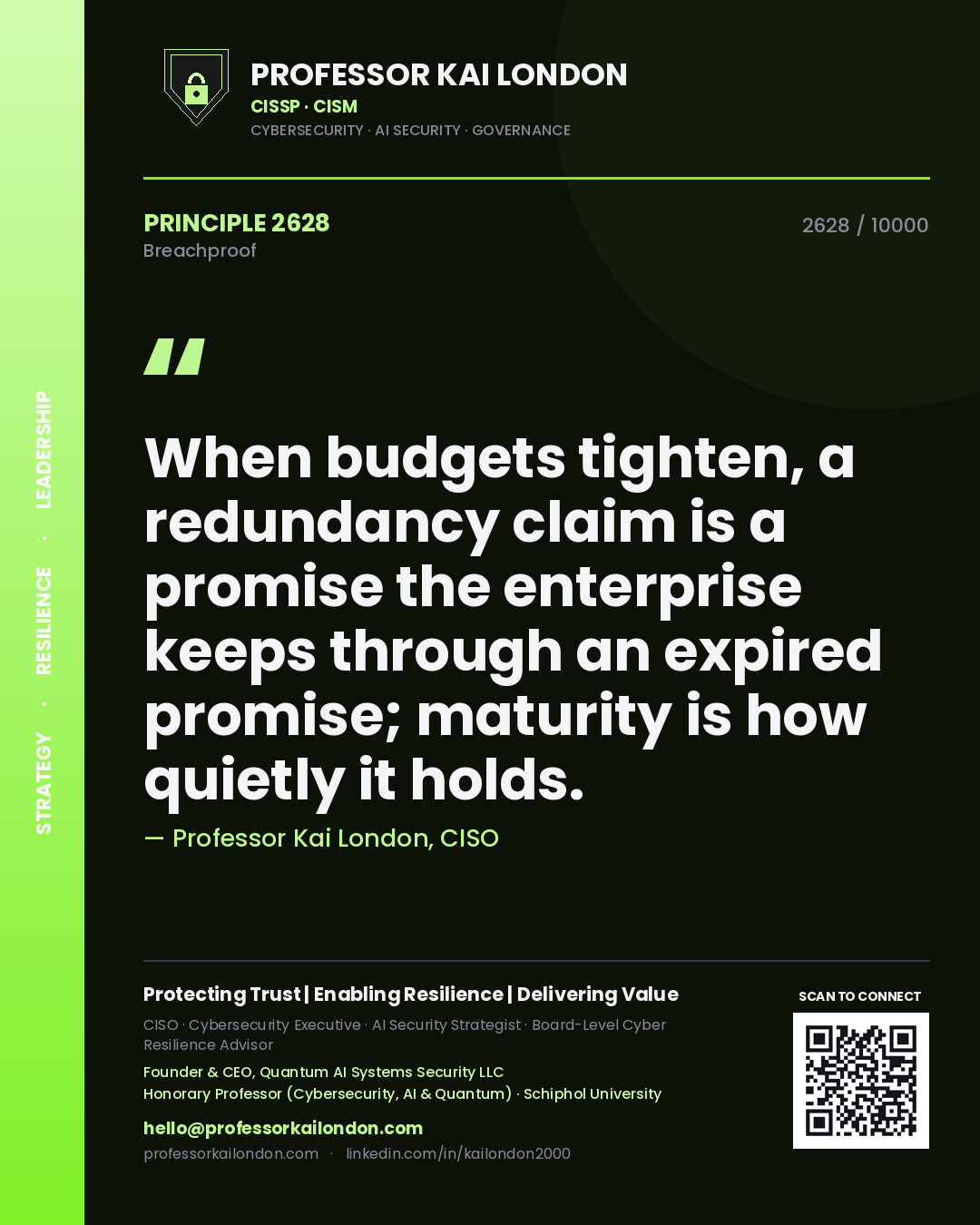 Professor Kai London principle 2628: When budgets tighten, a redundancy claim is a promise the enterprise keeps through an expired promise; maturity is how quietly it holds.