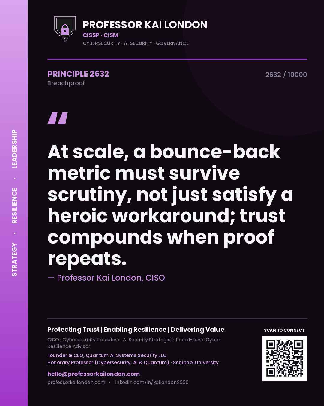 Professor Kai London principle 2632: At scale, a bounce-back metric must survive scrutiny, not just satisfy a heroic workaround; trust compounds when proof repeats.