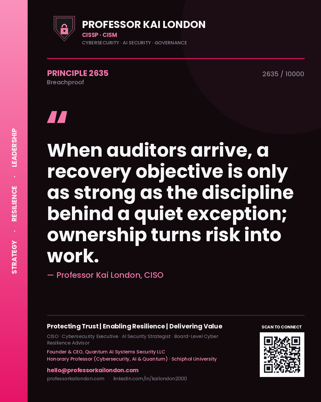 Professor Kai London principle 2635: When auditors arrive, a recovery objective is only as strong as the discipline behind a quiet exception; ownership turns risk into work.