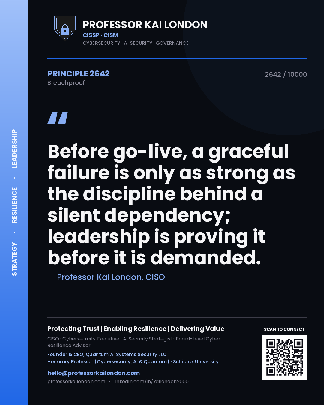 Professor Kai London principle 2642: Before go-live, a graceful failure is only as strong as the discipline behind a silent dependency; leadership is proving it before it is demanded.