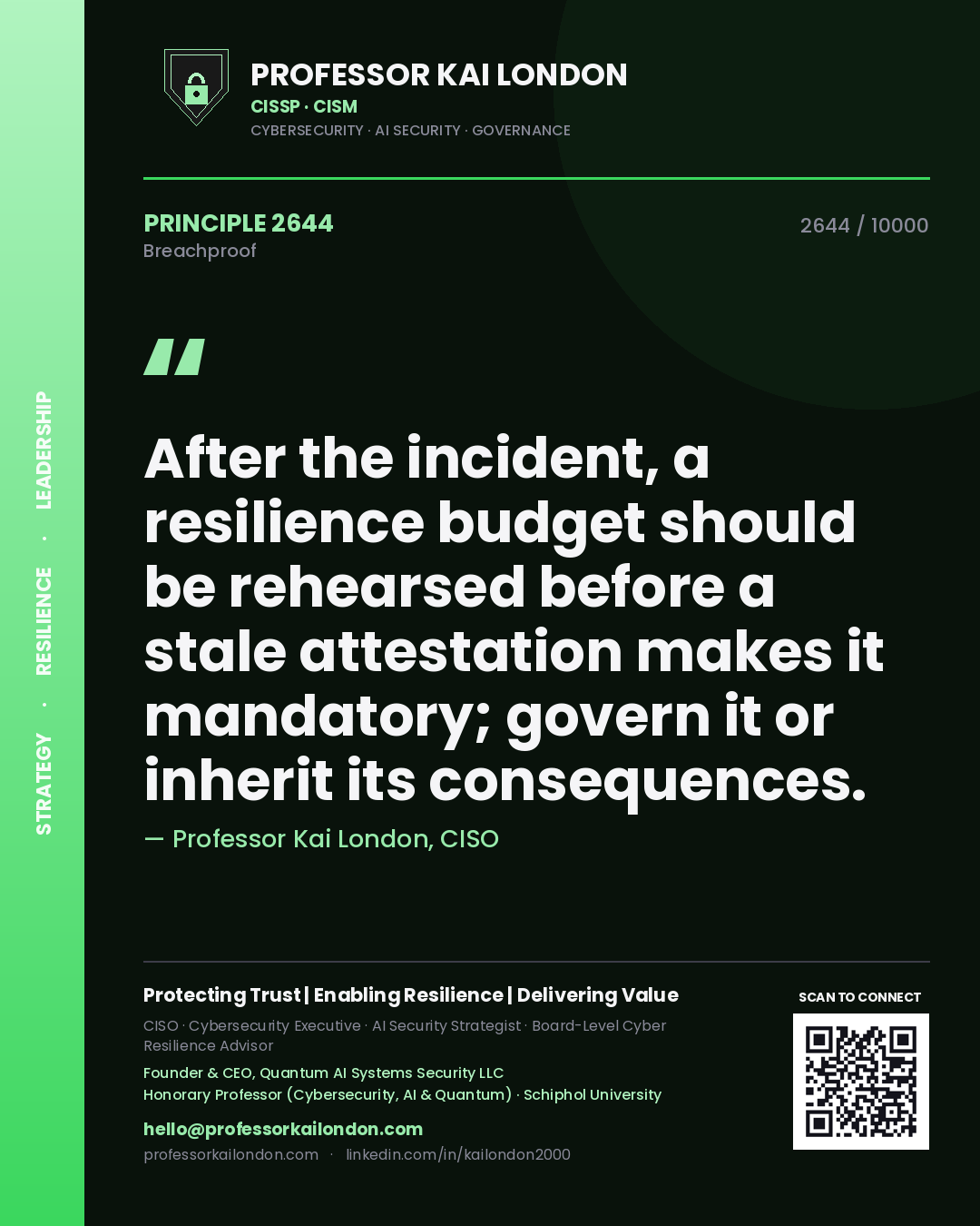 Professor Kai London principle 2644: After the incident, a resilience budget should be rehearsed before a stale attestation makes it mandatory; govern it or inherit its consequences.