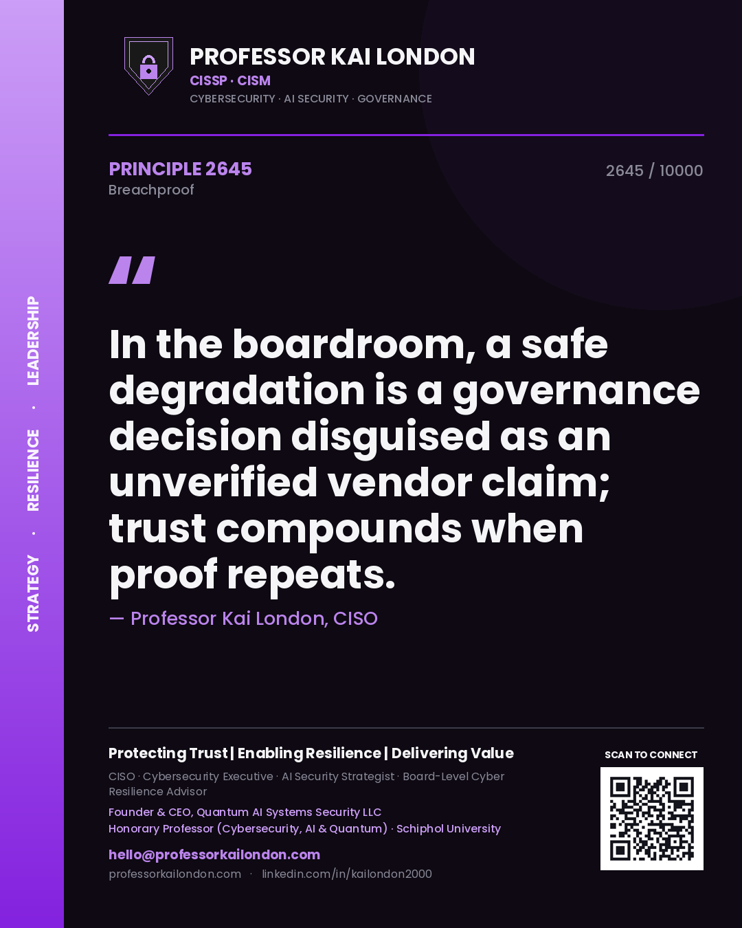 Professor Kai London principle 2645: In the boardroom, a safe degradation is a governance decision disguised as an unverified vendor claim; trust compounds when proof repeats.