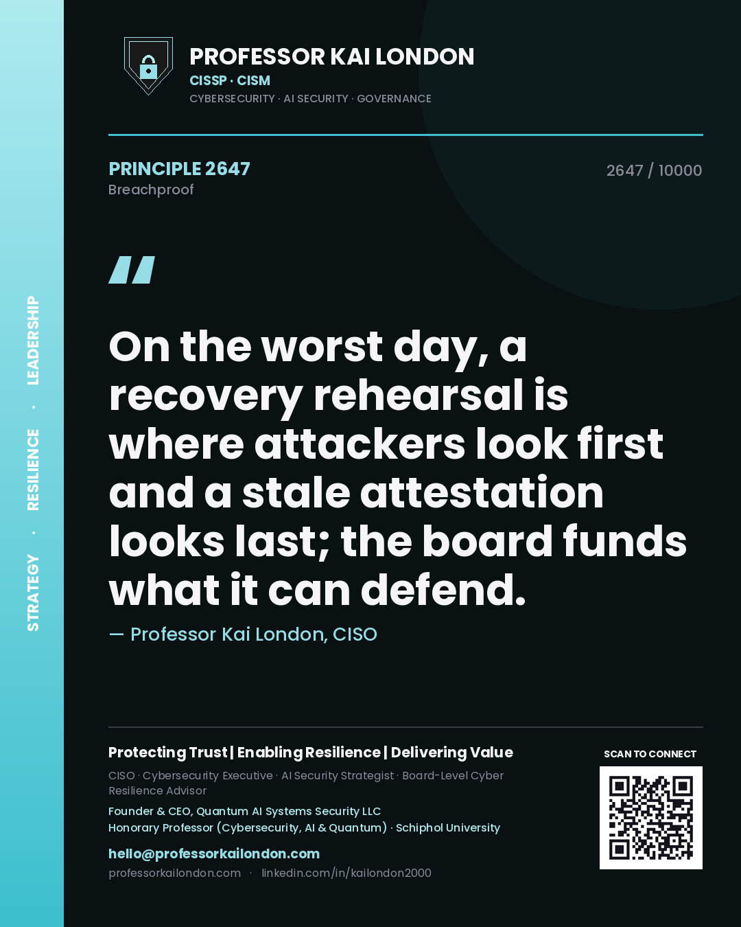 Professor Kai London principle 2647: On the worst day, a recovery rehearsal is where attackers look first and a stale attestation looks last; the board funds what it can defend.
