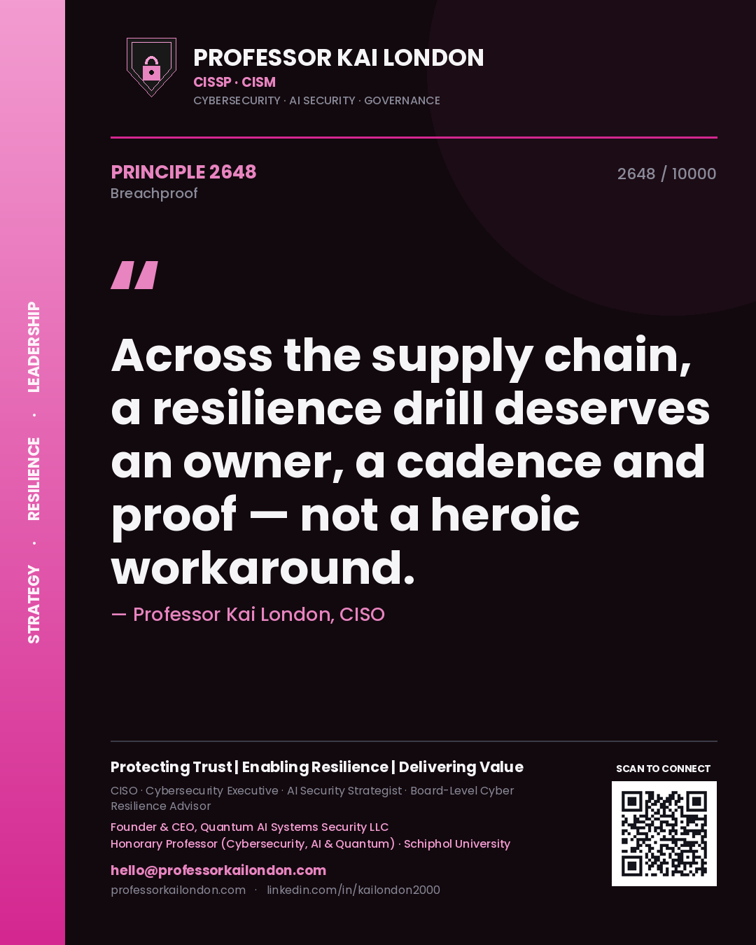 Professor Kai London principle 2648: Across the supply chain, a resilience drill deserves an owner, a cadence and proof — not a heroic workaround.
