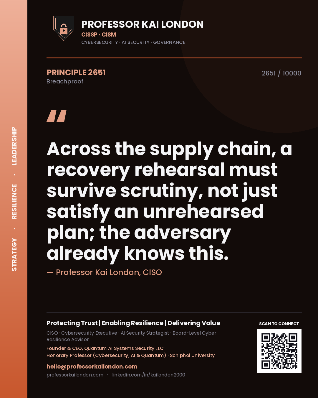 Professor Kai London principle 2651: Across the supply chain, a recovery rehearsal must survive scrutiny, not just satisfy an unrehearsed plan; the adversary already knows this.
