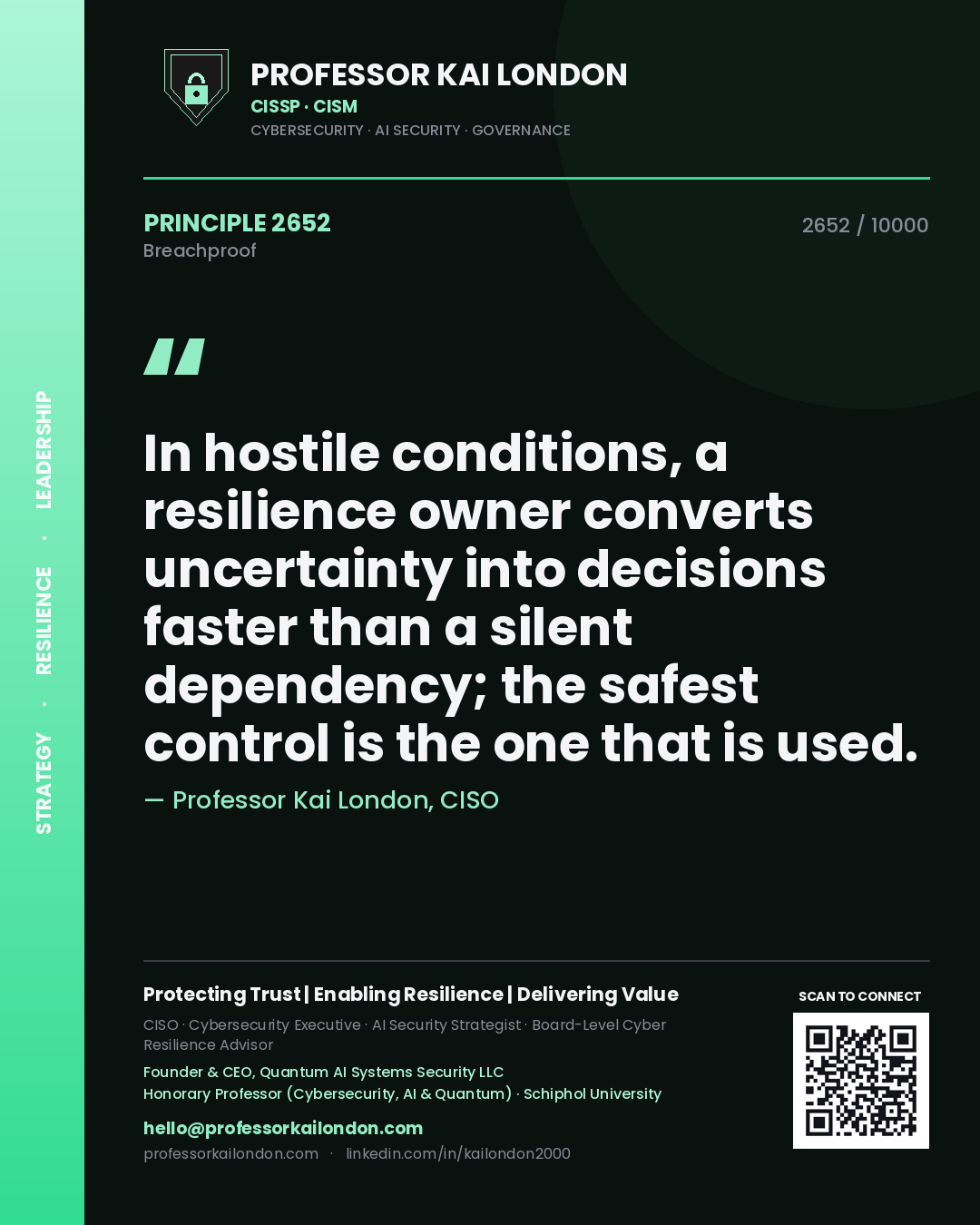 Professor Kai London principle 2652: In hostile conditions, a resilience owner converts uncertainty into decisions faster than a silent dependency; the safest control is the one that is used.