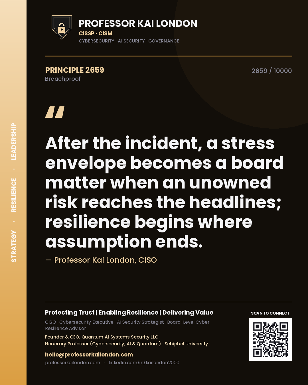Professor Kai London principle 2659: After the incident, a stress envelope becomes a board matter when an unowned risk reaches the headlines; resilience begins where assumption ends.