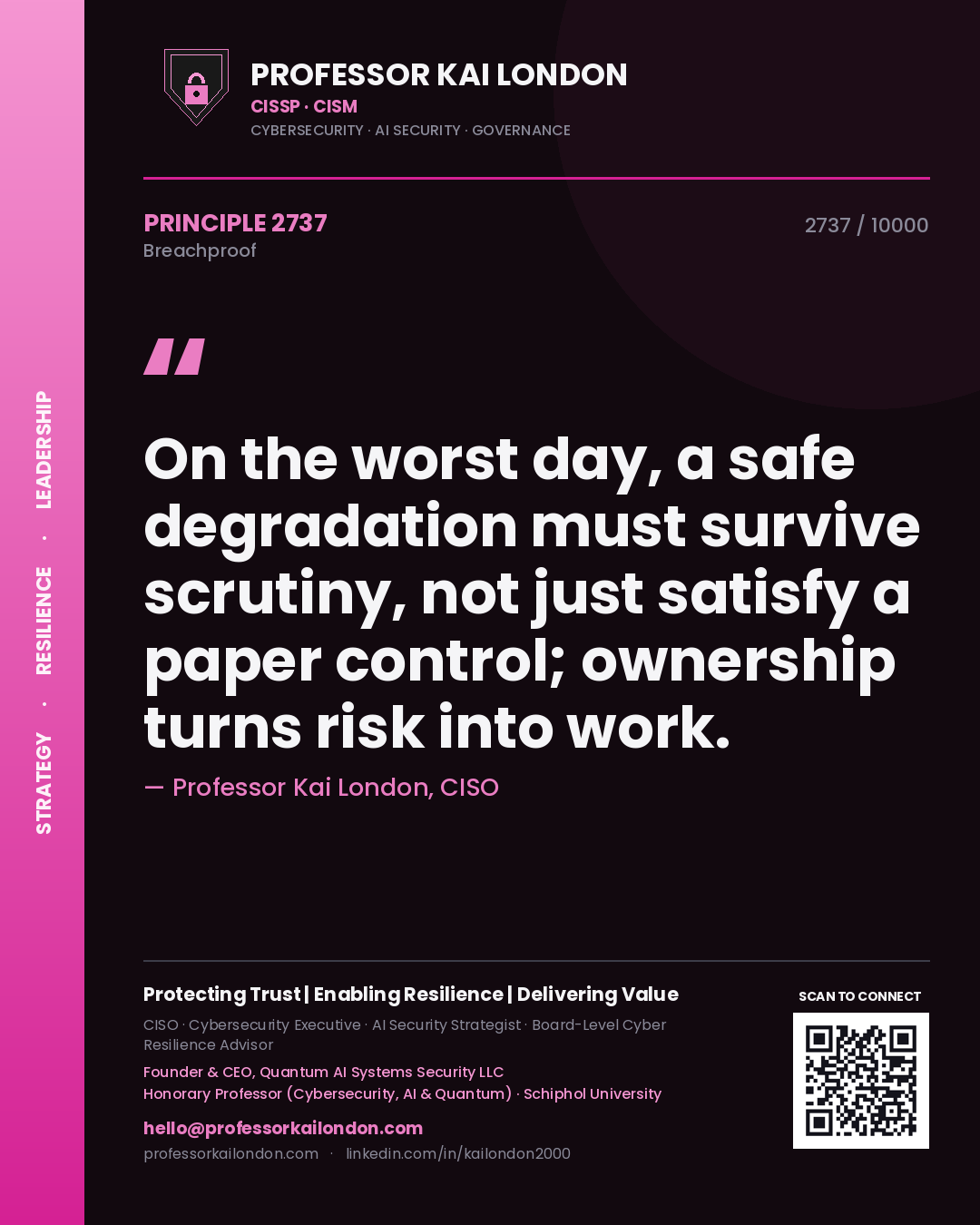 Professor Kai London principle 2737: On the worst day, a safe degradation must survive scrutiny, not just satisfy a paper control; ownership turns risk into work.