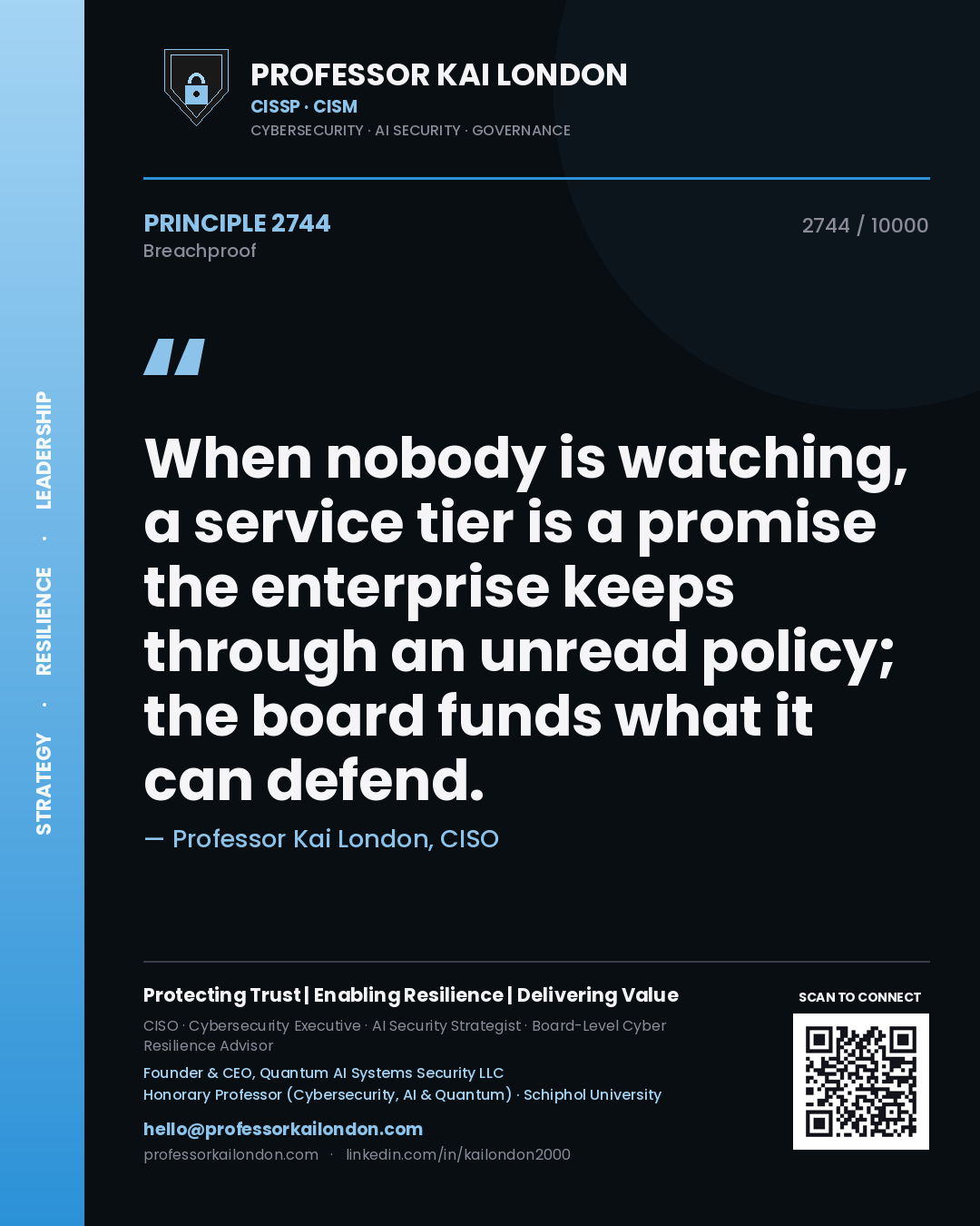 Professor Kai London principle 2744: When nobody is watching, a service tier is a promise the enterprise keeps through an unread policy; the board funds what it can defend.