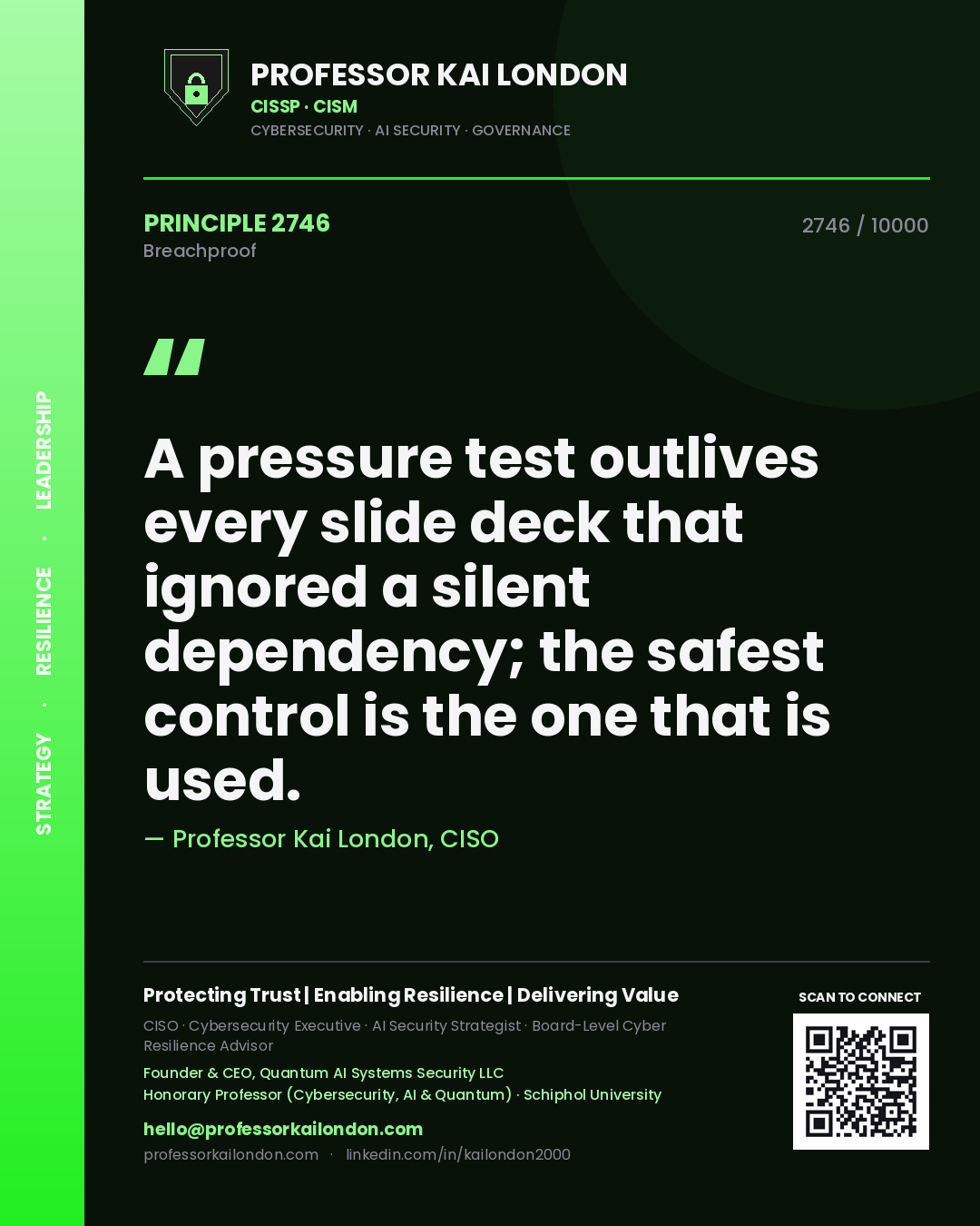 Professor Kai London principle 2746: A pressure test outlives every slide deck that ignored a silent dependency; the safest control is the one that is used.
