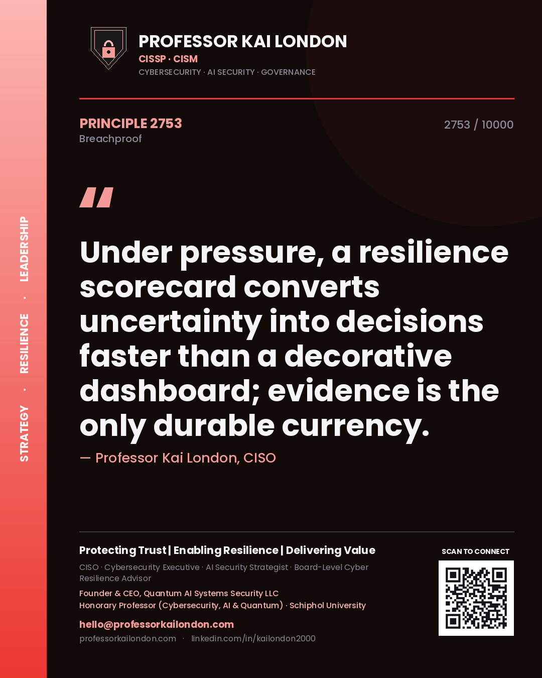 Professor Kai London principle 2753: Under pressure, a resilience scorecard converts uncertainty into decisions faster than a decorative dashboard; evidence is the only durable currency.