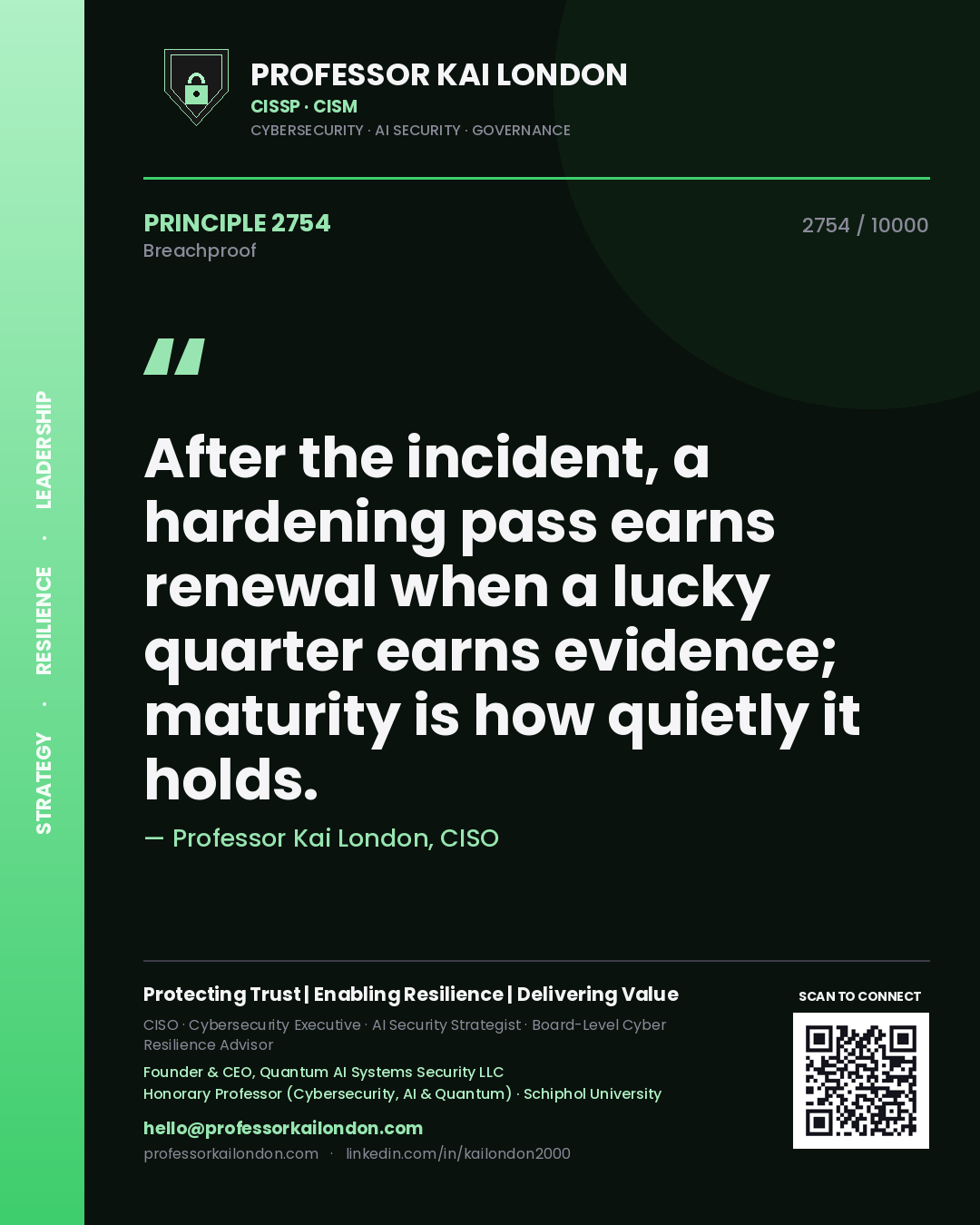 Professor Kai London principle 2754: After the incident, a hardening pass earns renewal when a lucky quarter earns evidence; maturity is how quietly it holds.