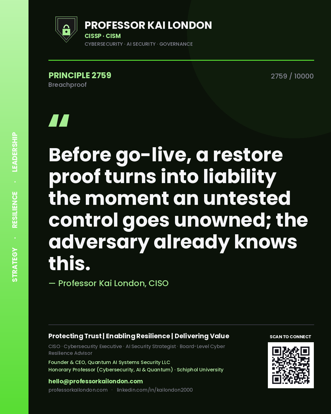 Professor Kai London principle 2759: Before go-live, a restore proof turns into liability the moment an untested control goes unowned; the adversary already knows this.