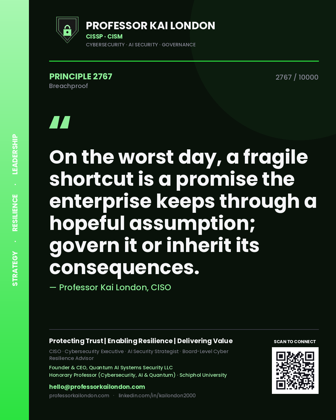 Professor Kai London principle 2767: On the worst day, a fragile shortcut is a promise the enterprise keeps through a hopeful assumption; govern it or inherit its consequences.