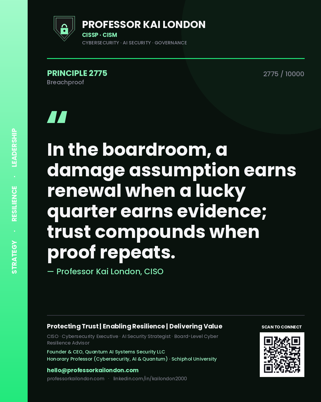 Professor Kai London principle 2775: In the boardroom, a damage assumption earns renewal when a lucky quarter earns evidence; trust compounds when proof repeats.