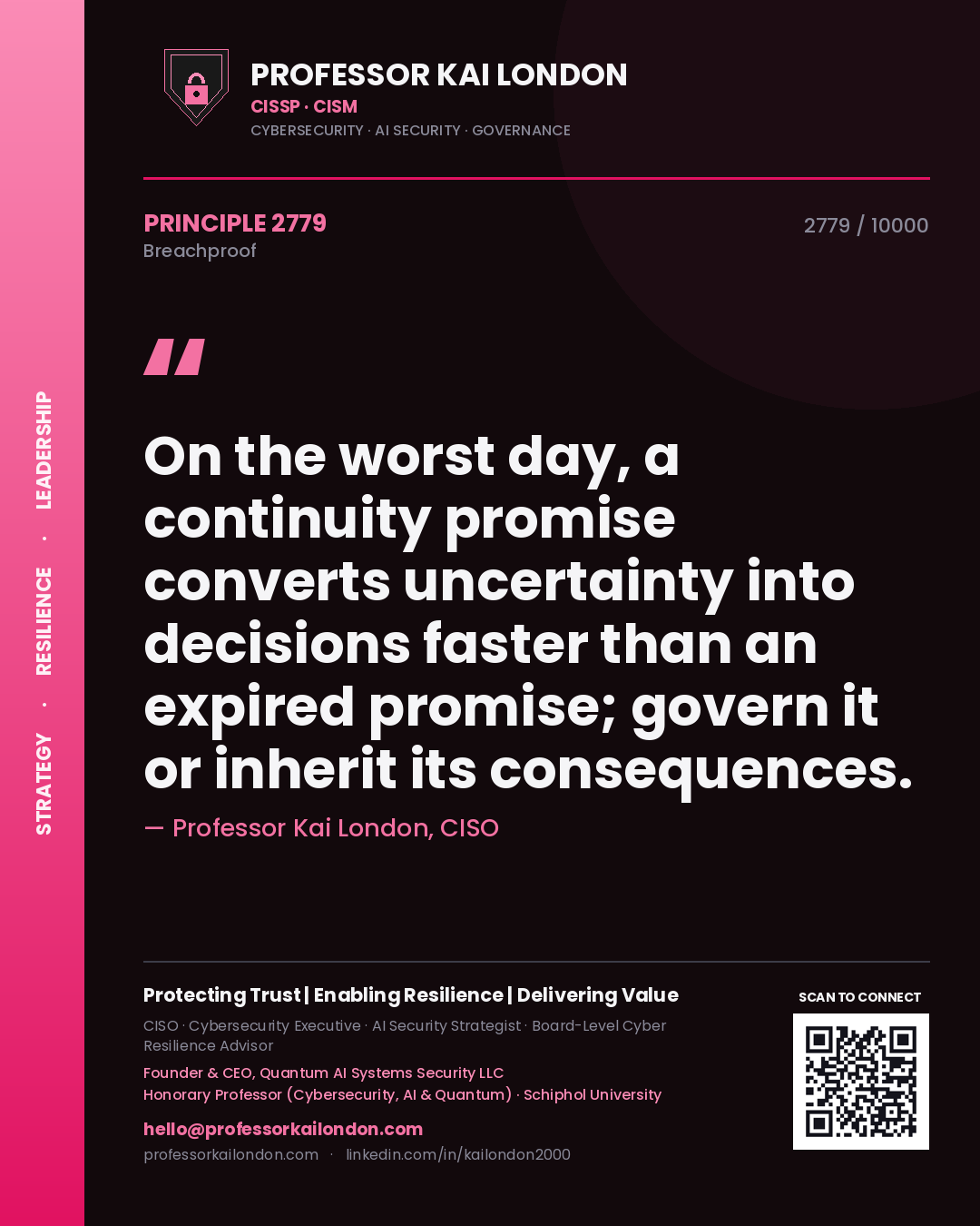 Professor Kai London principle 2779: On the worst day, a continuity promise converts uncertainty into decisions faster than an expired promise; govern it or inherit its consequences.