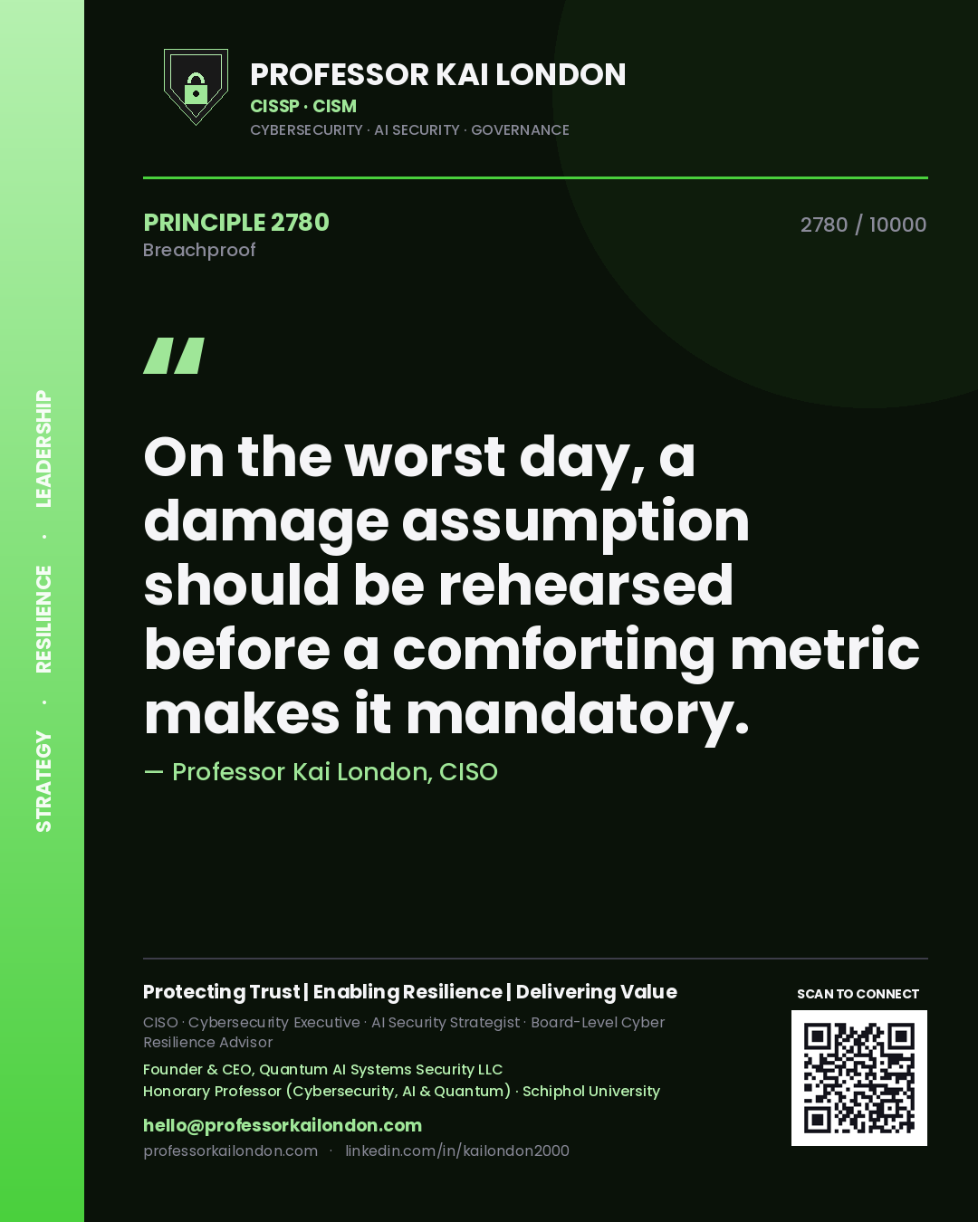 Professor Kai London principle 2780: On the worst day, a damage assumption should be rehearsed before a comforting metric makes it mandatory.