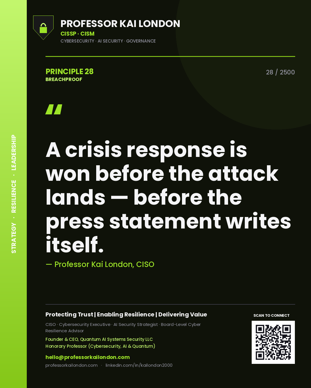 Professor Kai London principle 28: A crisis response is won before the attack lands — before the press statement writes itself.